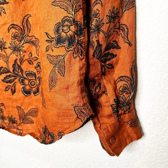 Garnet Hill Easy Linen Button-Down Shirt Pumpkin Floral Top Fall Autumn - Picture 7 of 9